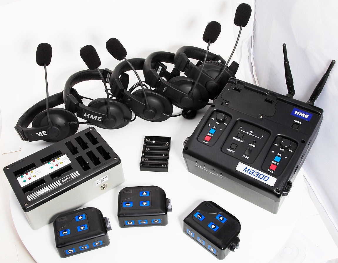 HME DX300 Video Production or Football Coach Intercom Base, 5 Headsets, 3 Beltpakcs, Charger