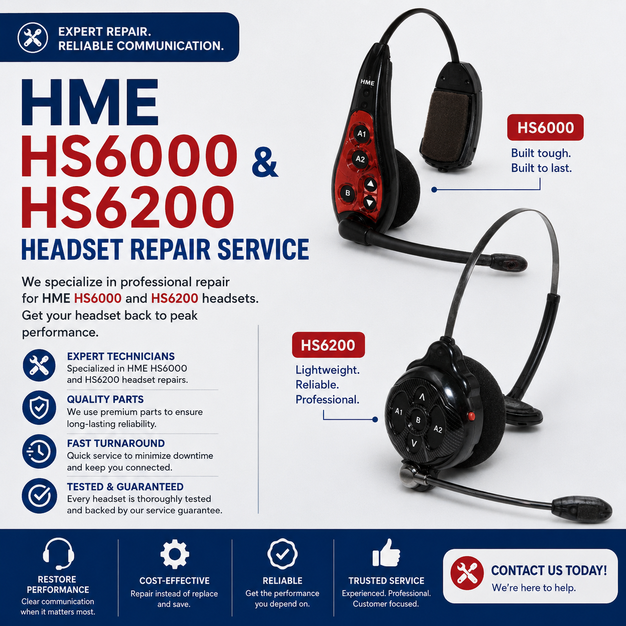 Repair Service For HME HS6000 RED Wireless Drive Thru Intercom Headset  ( Parts and Labor )